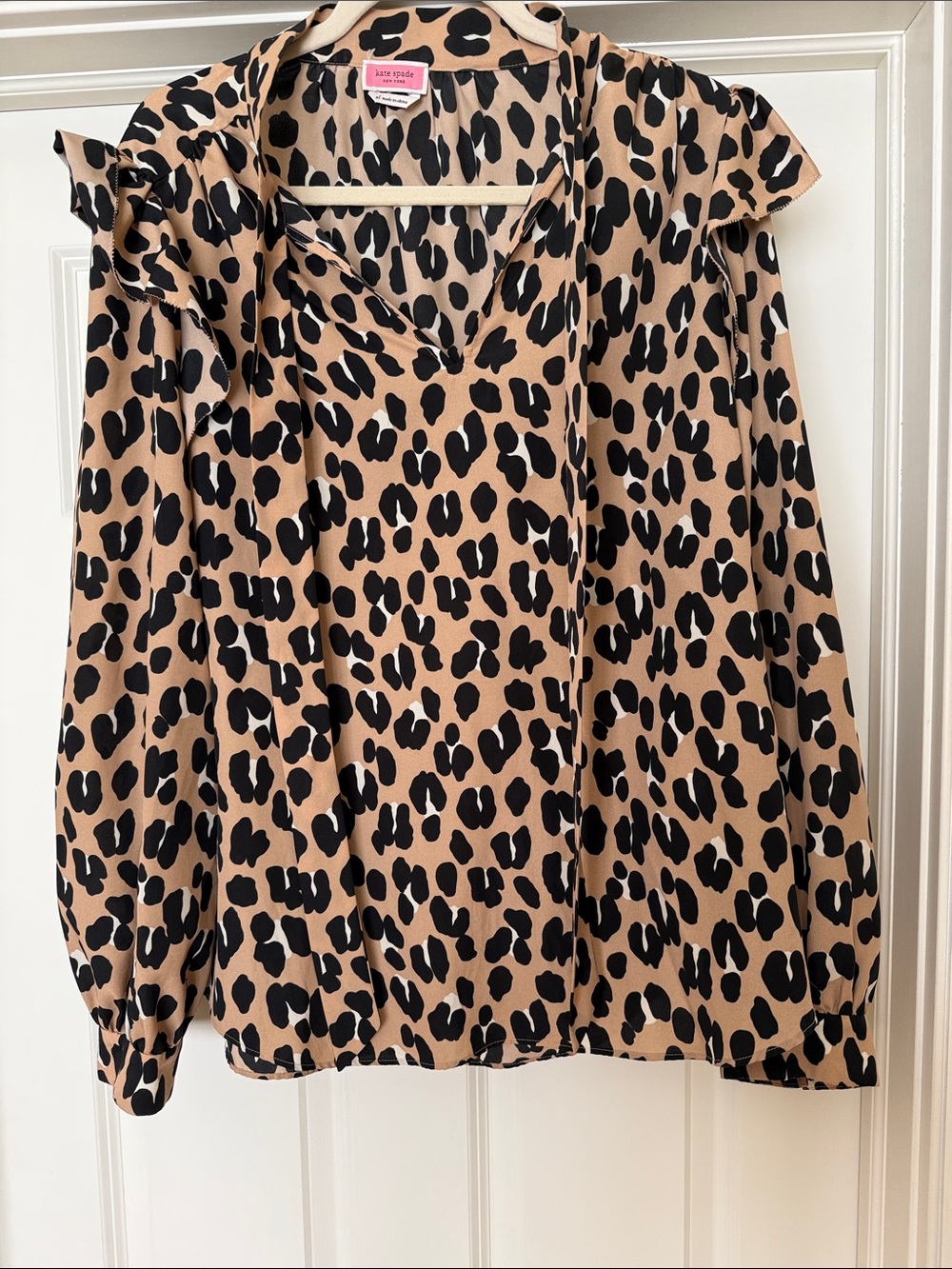 kate spade Beige and Black Leopard Print tie neck Blouse